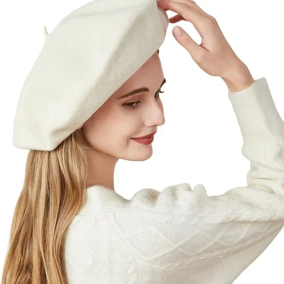 XXL 100% Wool French White Beret Hats for Women Man Painter hat Classic Painter'